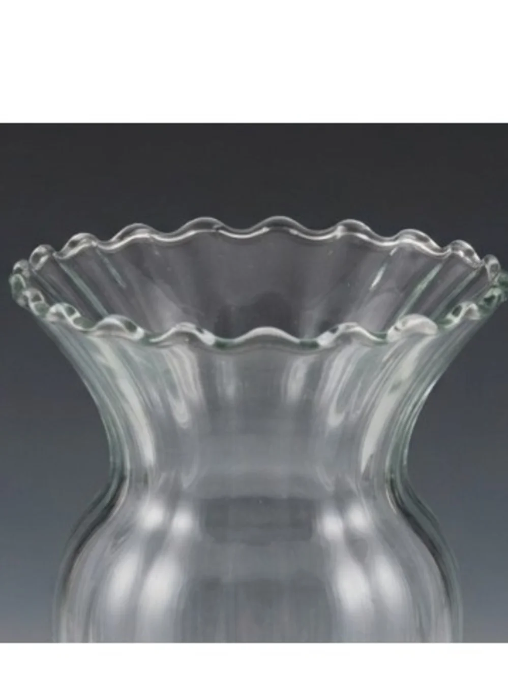 Clear Glass Aleman Vase with a Fluted, Ruffled Rim and a Ribbed Body Design **